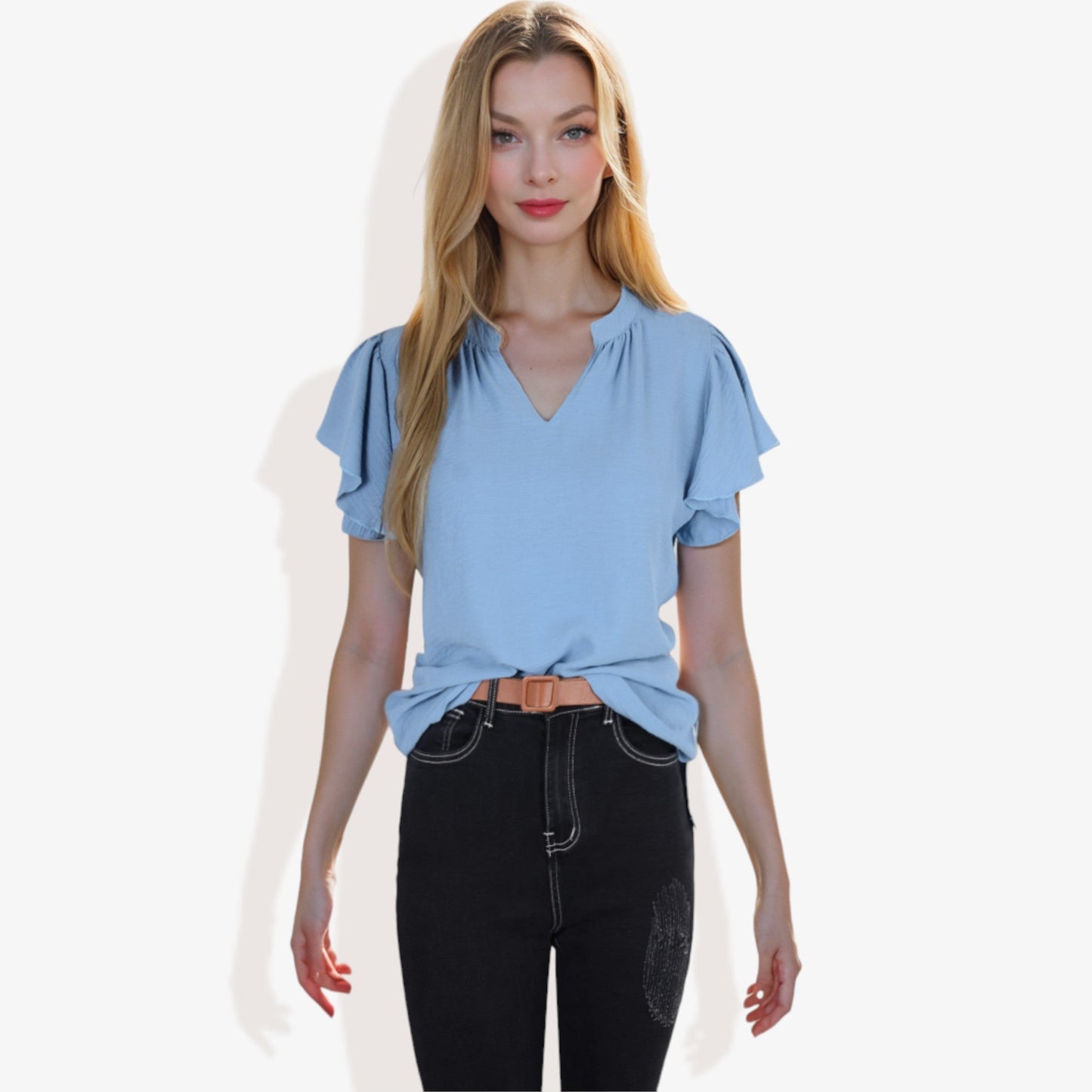 Women's Short Sleeve V-Neck Blouse with Ruffle Sleeves