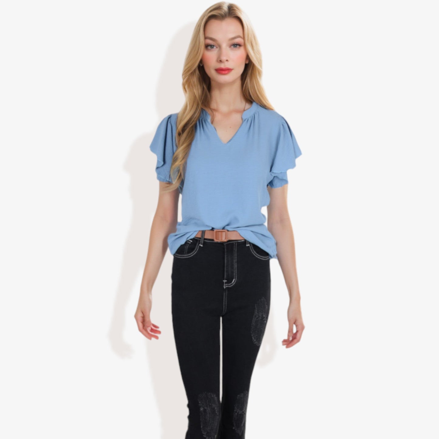 Women's Short Sleeve V-Neck Blouse with Ruffle Sleeves