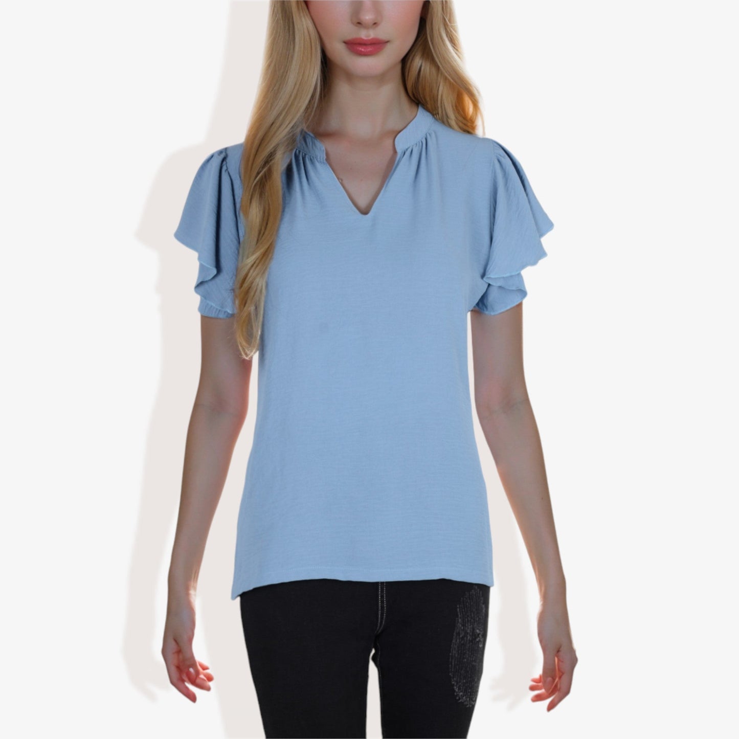 Women's Short Sleeve V-Neck Blouse with Ruffle Sleeves