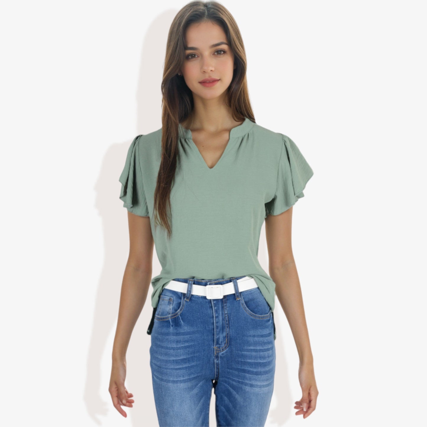 Women's Short Sleeve V-Neck Blouse with Ruffle Sleeves