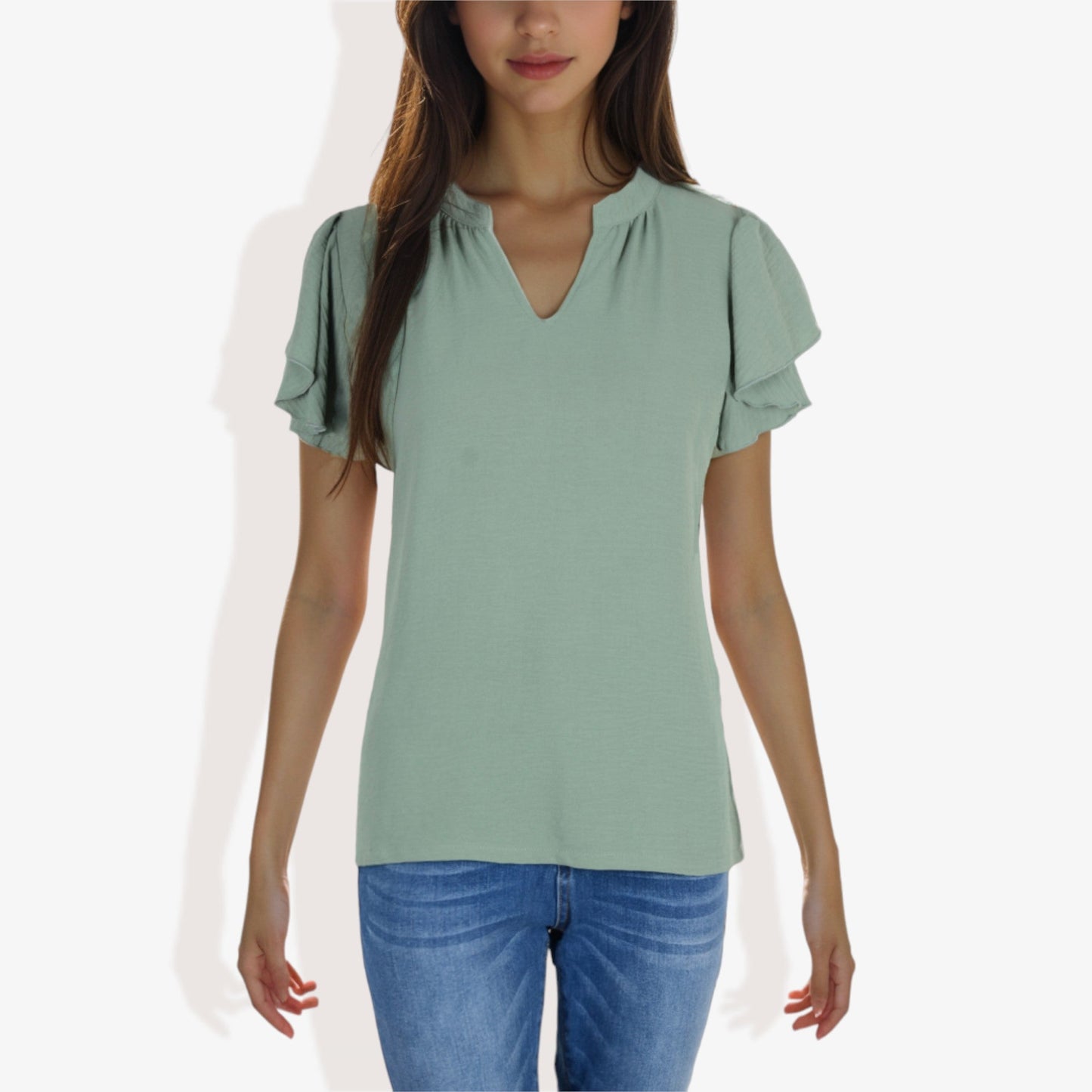 Women's Short Sleeve V-Neck Blouse with Ruffle Sleeves