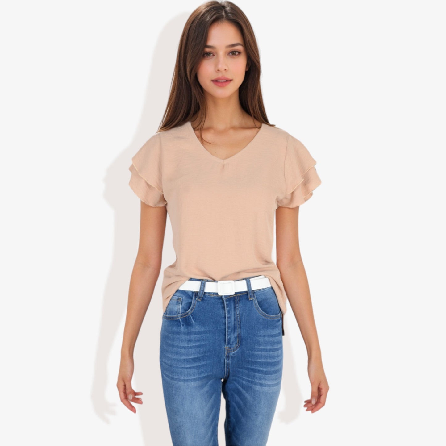 Women's Short Sleeve V-Neck Blouse with Double Layered Ruffle Sleeves