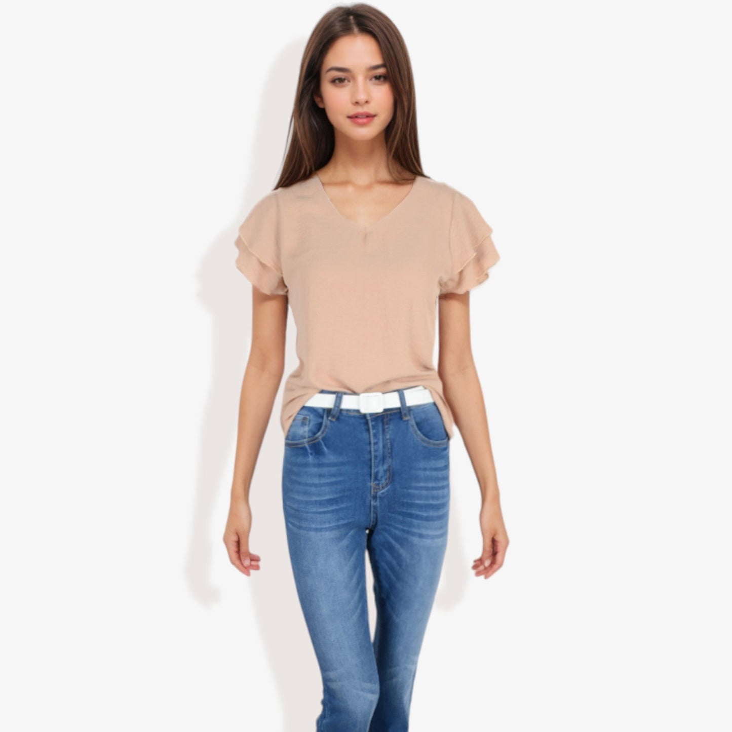 Women's Short Sleeve V-Neck Blouse with Double Layered Ruffle Sleeves