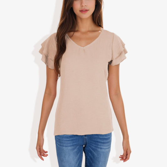 Women's Short Sleeve V-Neck Blouse with Double Layered Ruffle Sleeves