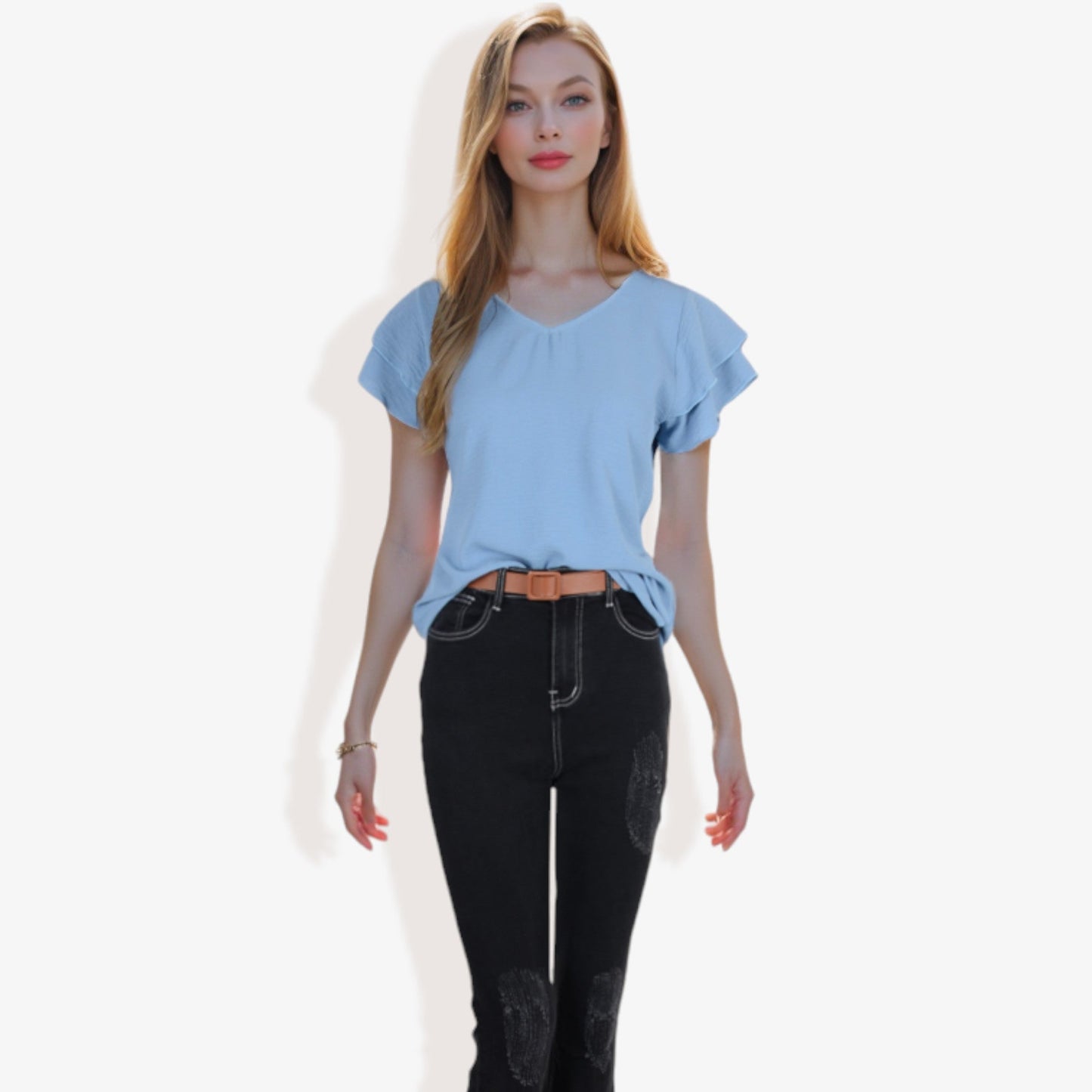 Women's Short Sleeve V-Neck Blouse with Double Layered Ruffle Sleeves