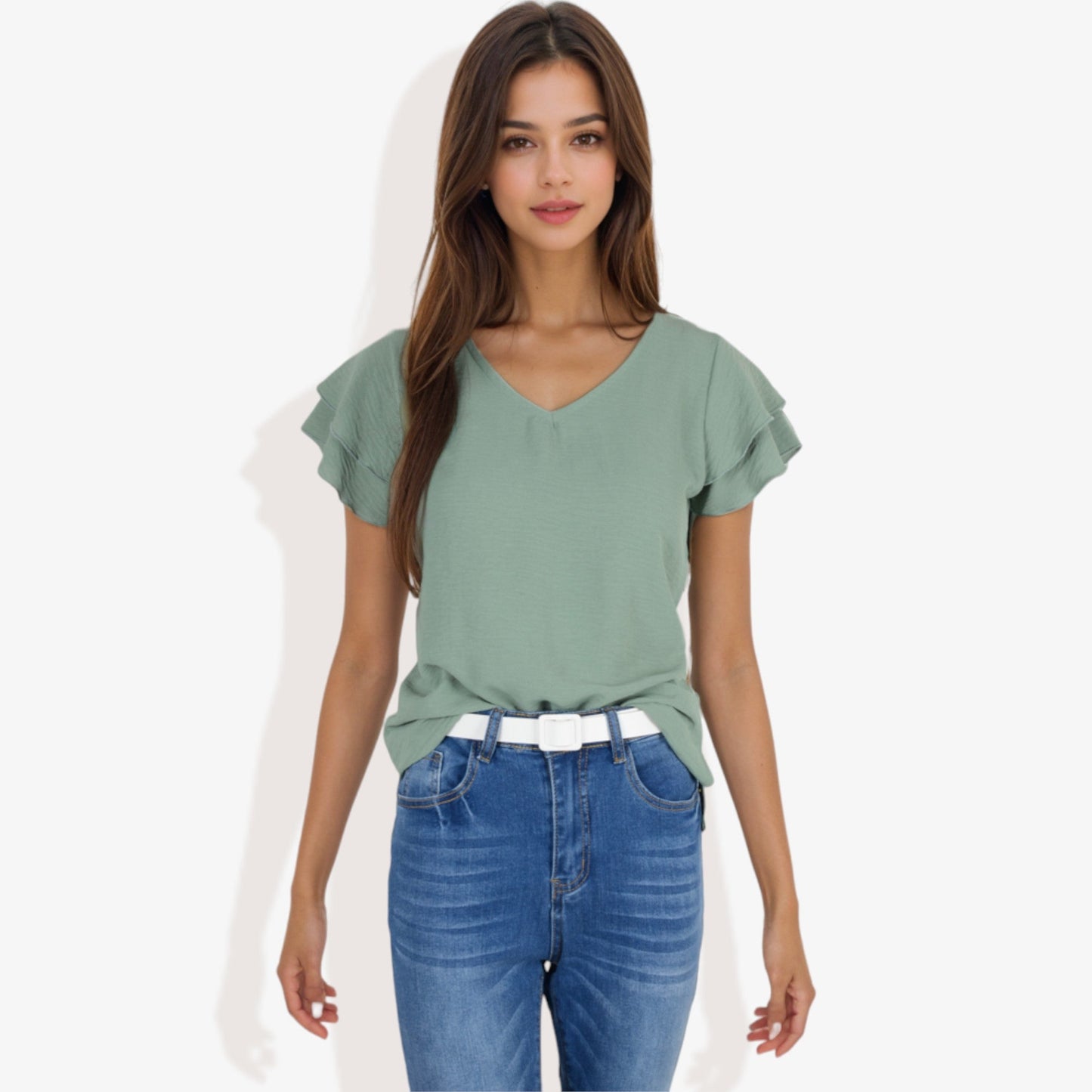 Women's Short Sleeve V-Neck Blouse with Double Layered Ruffle Sleeves