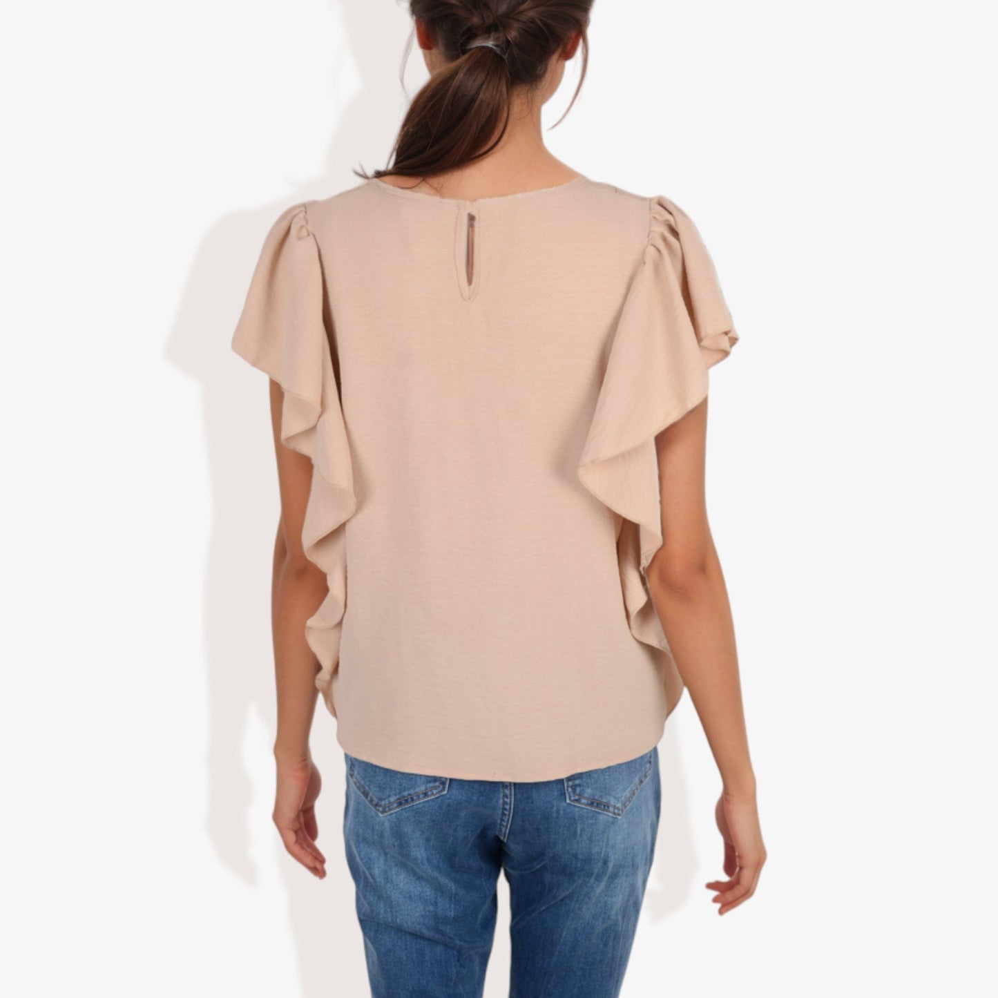 Women's Short Sleeve Pleated Front Blouse with Ruffle Sleeves