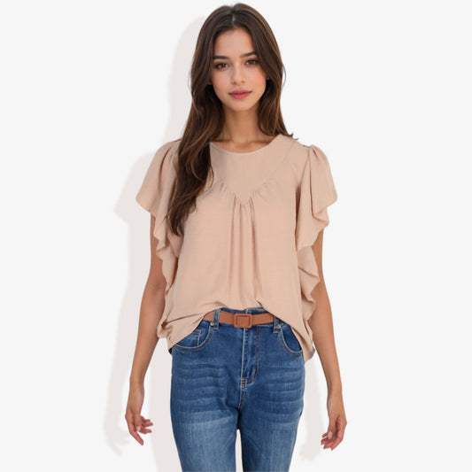 Women's Short Sleeve Pleated Front Blouse with Ruffle Sleeves