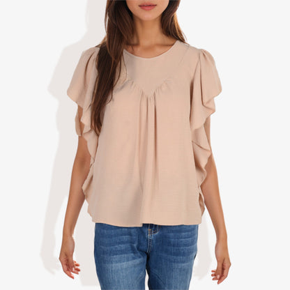 Women's Short Sleeve Pleated Front Blouse with Ruffle Sleeves