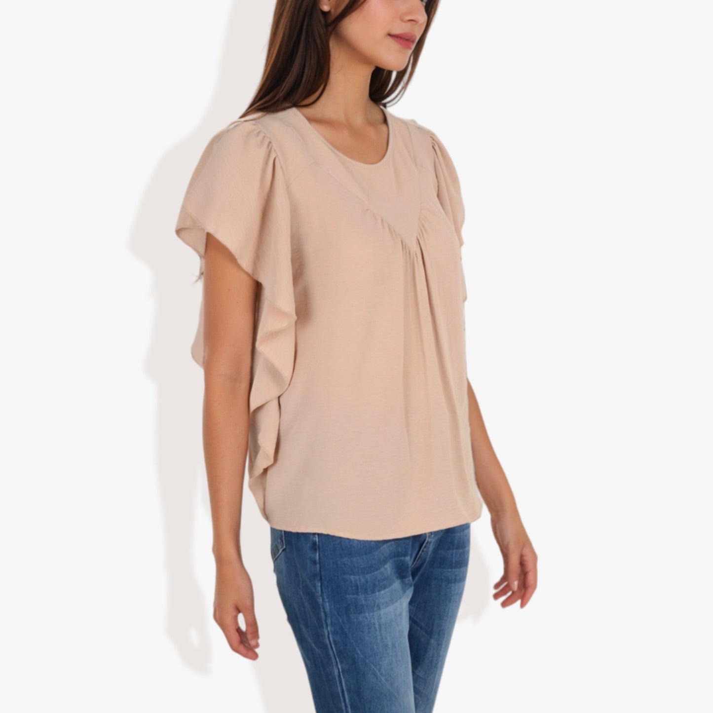 Women's Short Sleeve Pleated Front Blouse with Ruffle Sleeves