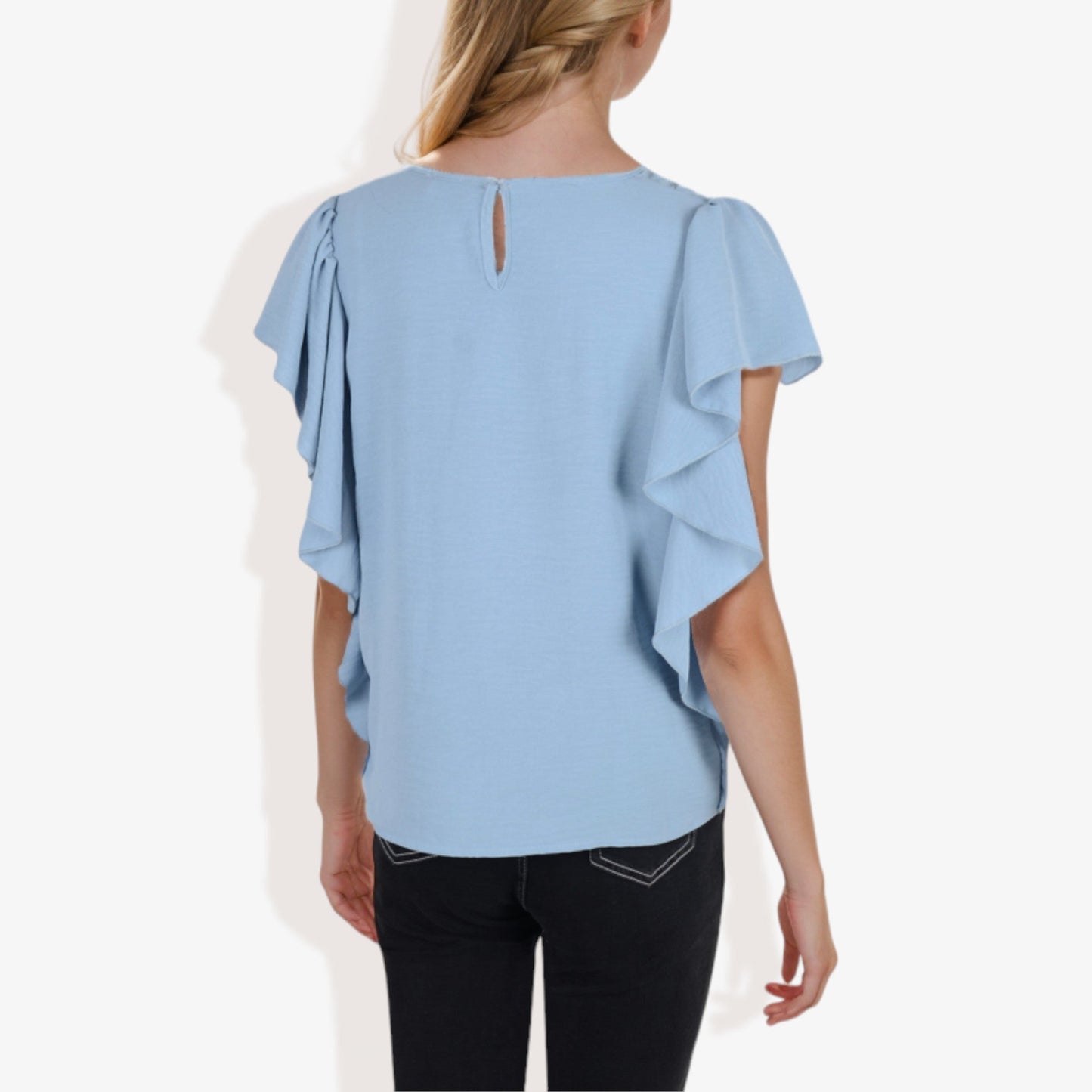 Women's Short Sleeve Pleated Front Blouse with Ruffle Sleeves