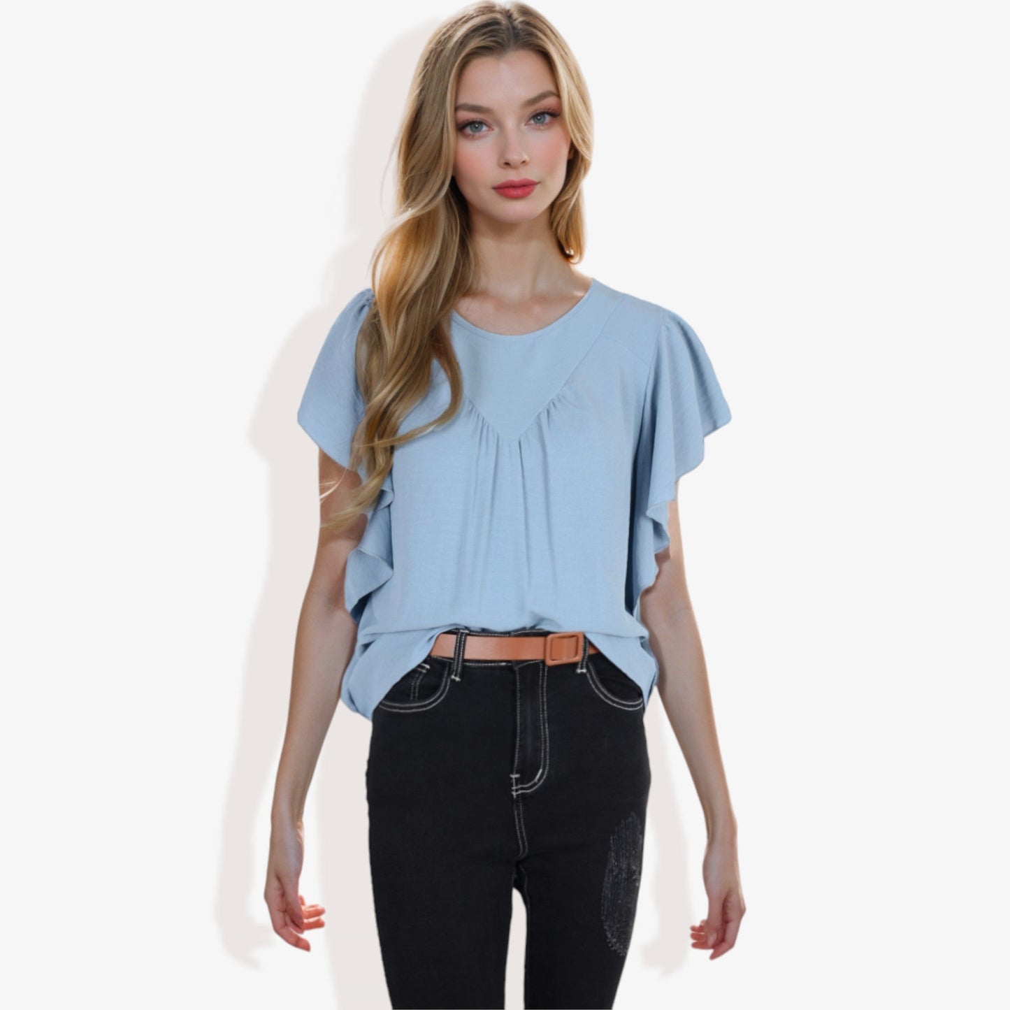 Women's Short Sleeve Pleated Front Blouse with Ruffle Sleeves