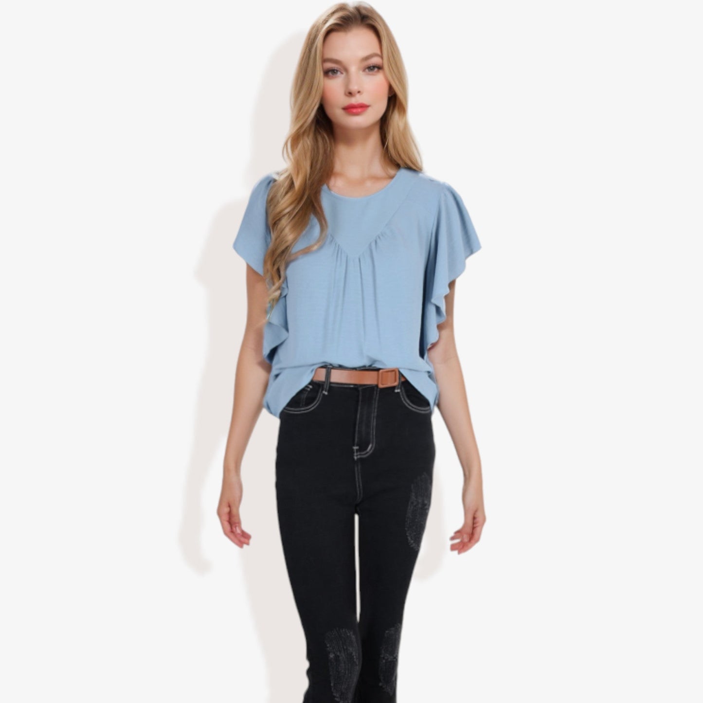 Women's Short Sleeve Pleated Front Blouse with Ruffle Sleeves