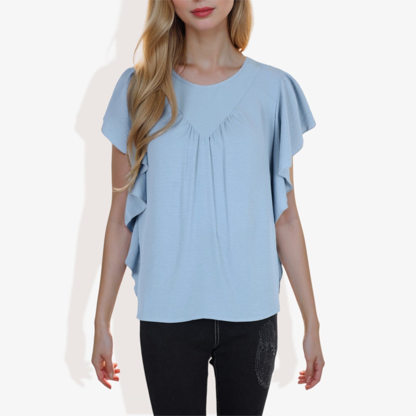 Women's Short Sleeve Pleated Front Blouse with Ruffle Sleeves