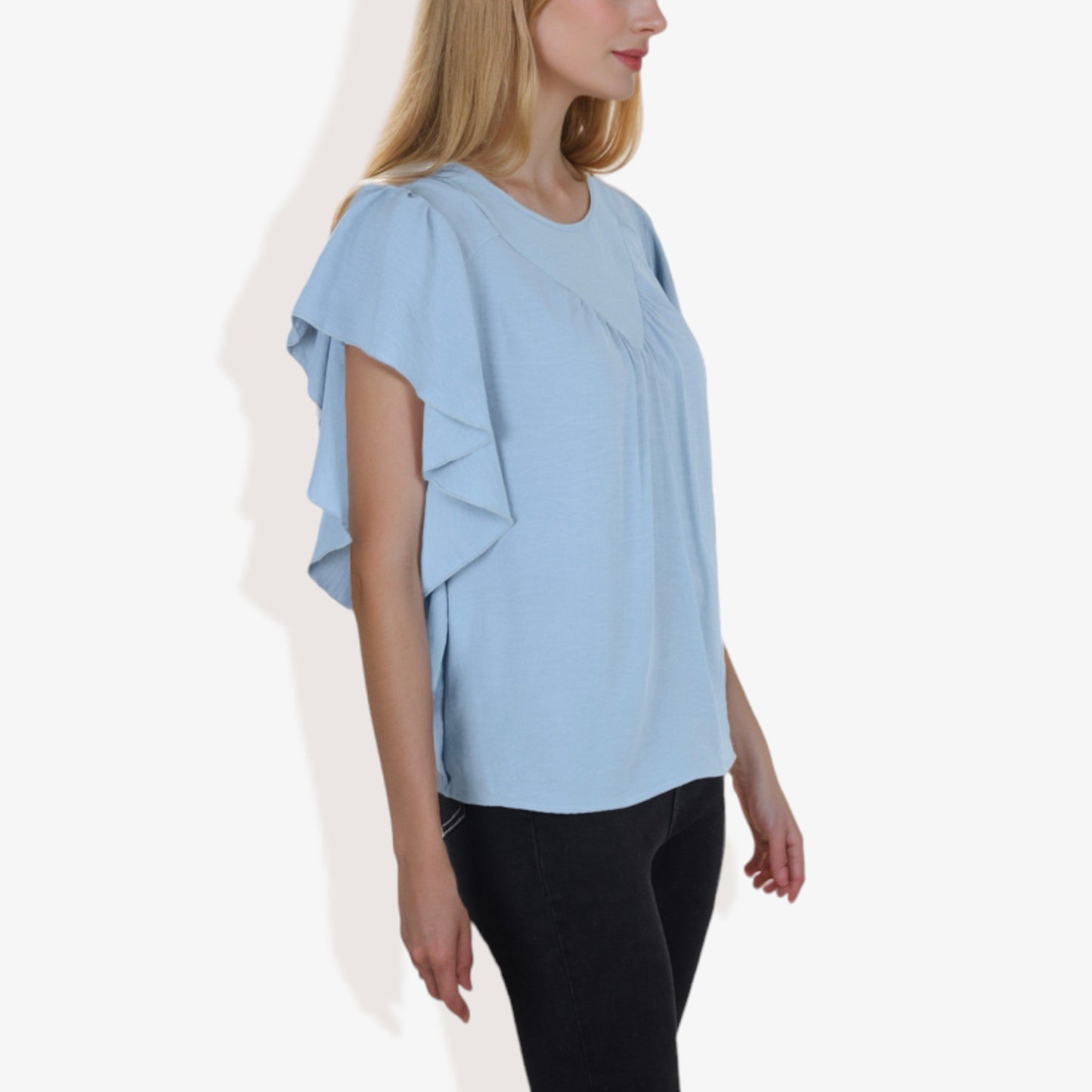 Women's Short Sleeve Pleated Front Blouse with Ruffle Sleeves