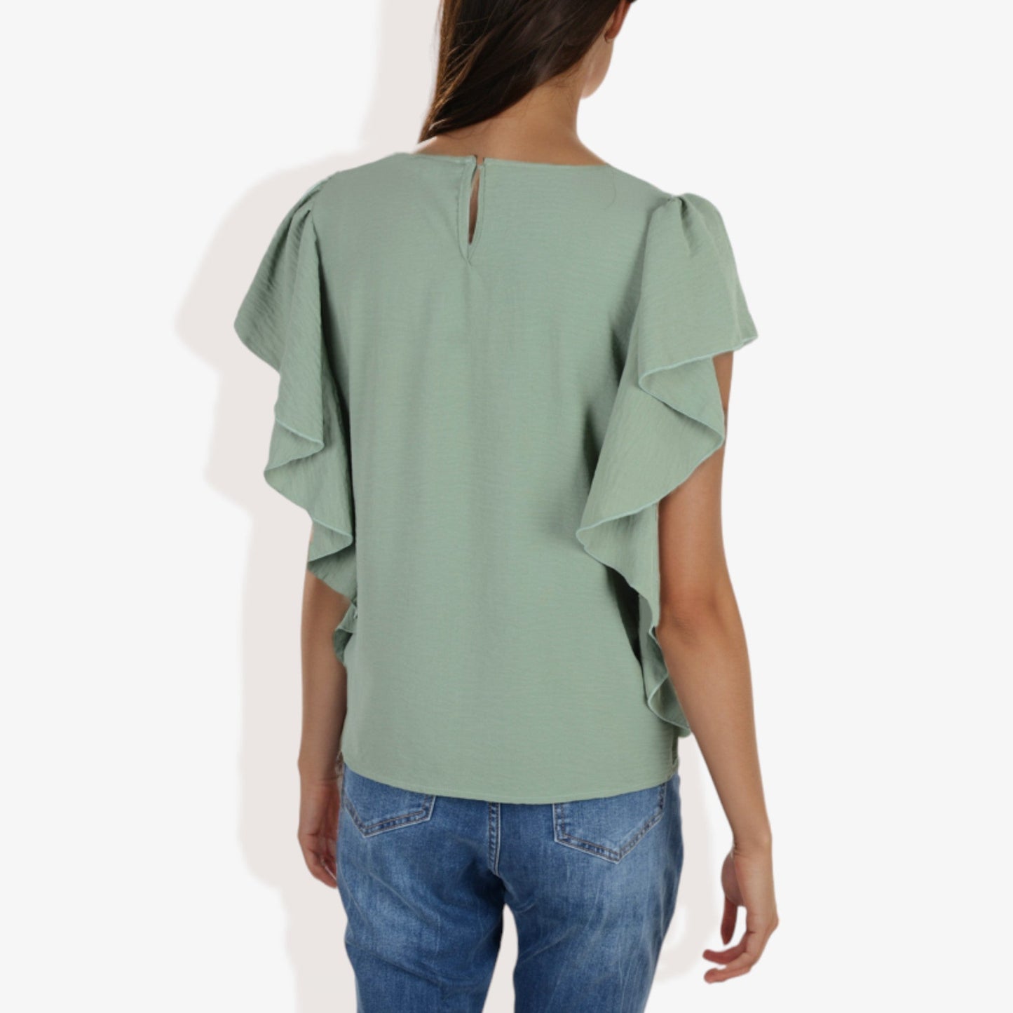 Women's Short Sleeve Pleated Front Blouse with Ruffle Sleeves