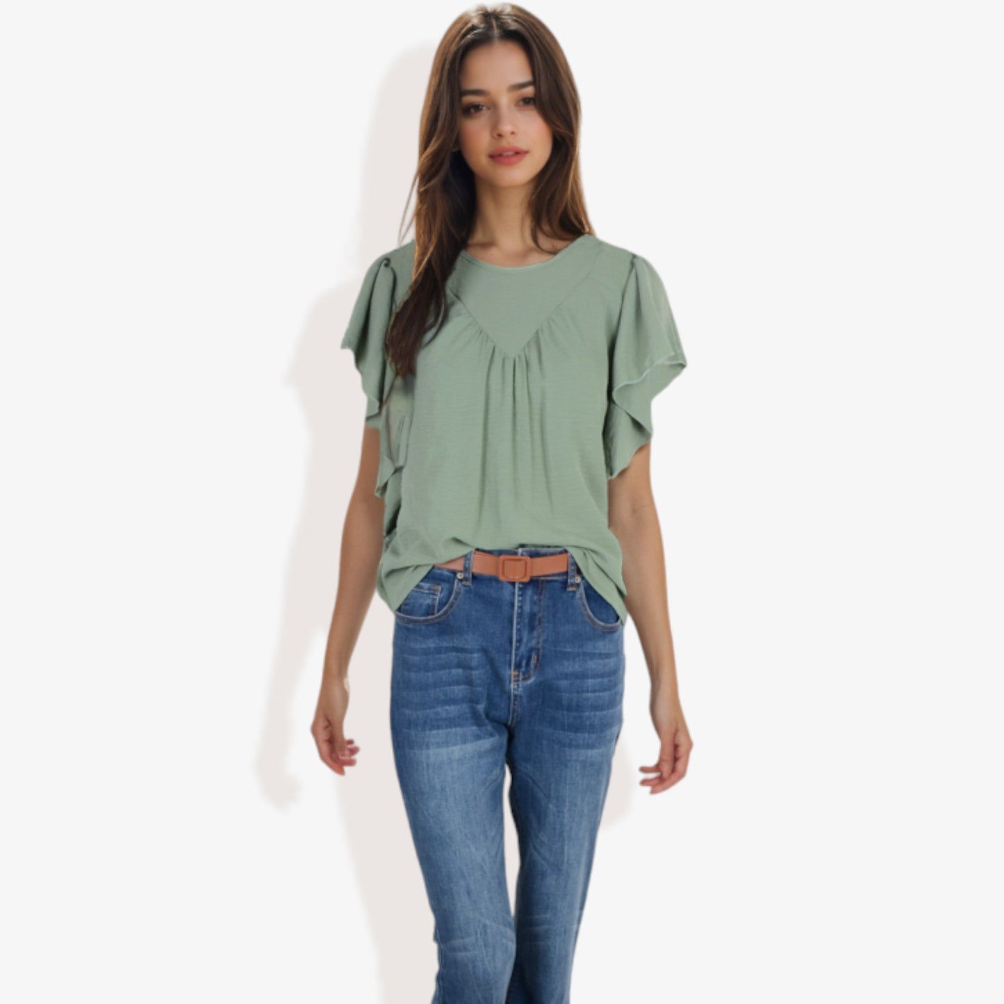 Women's Short Sleeve Pleated Front Blouse with Ruffle Sleeves