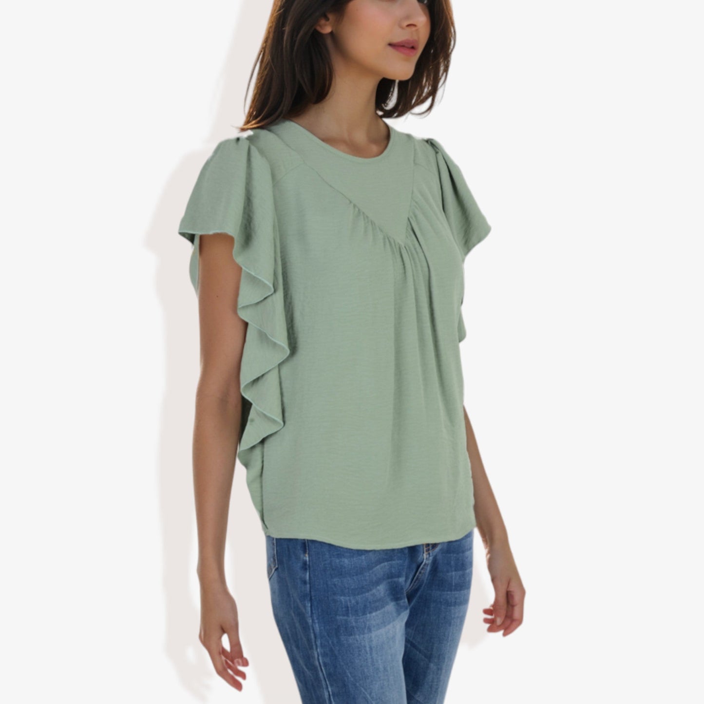 Women's Short Sleeve Pleated Front Blouse with Ruffle Sleeves