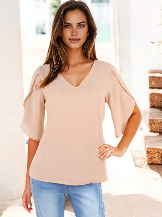 V-Neck Blouse with Split Short Sleeves and Relaxed Fit