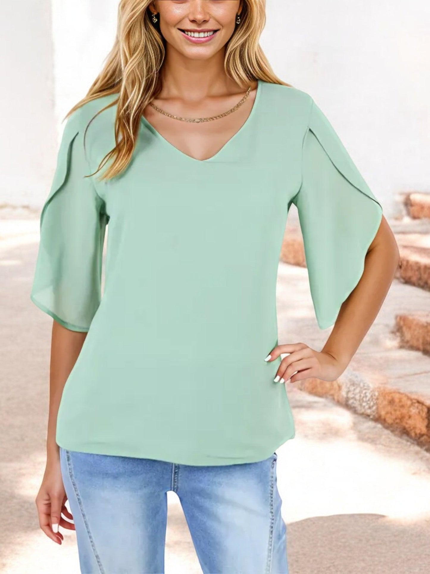 V-Neck Blouse with Split Short Sleeves and Relaxed Fit