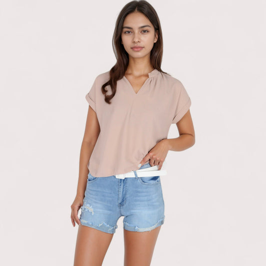 Women's V-Neck Short Sleeve Blouse with Rolled Cuffs and Soft Pleated Collar Detail - Small, Green