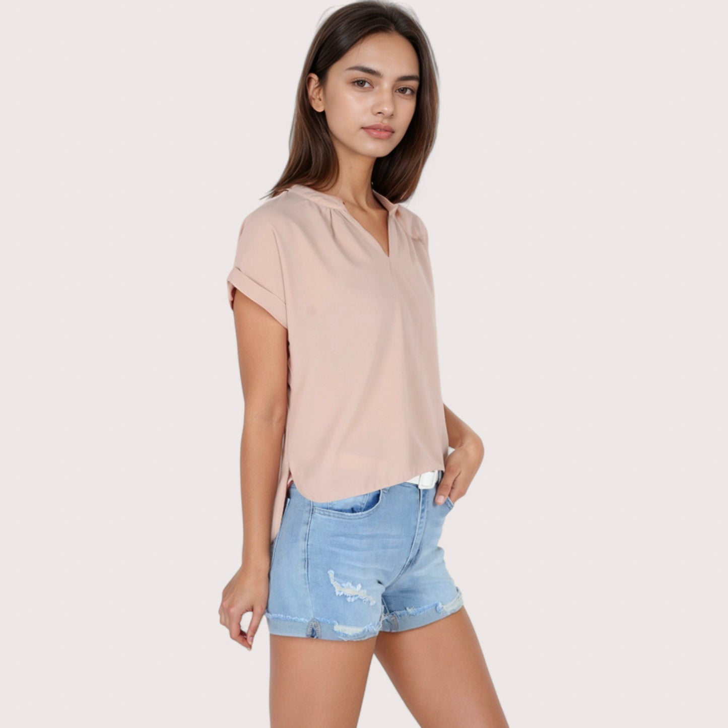 Women's V-Neck Short Sleeve Blouse with Rolled Cuffs and Soft Pleated Collar Detail - Small, Green