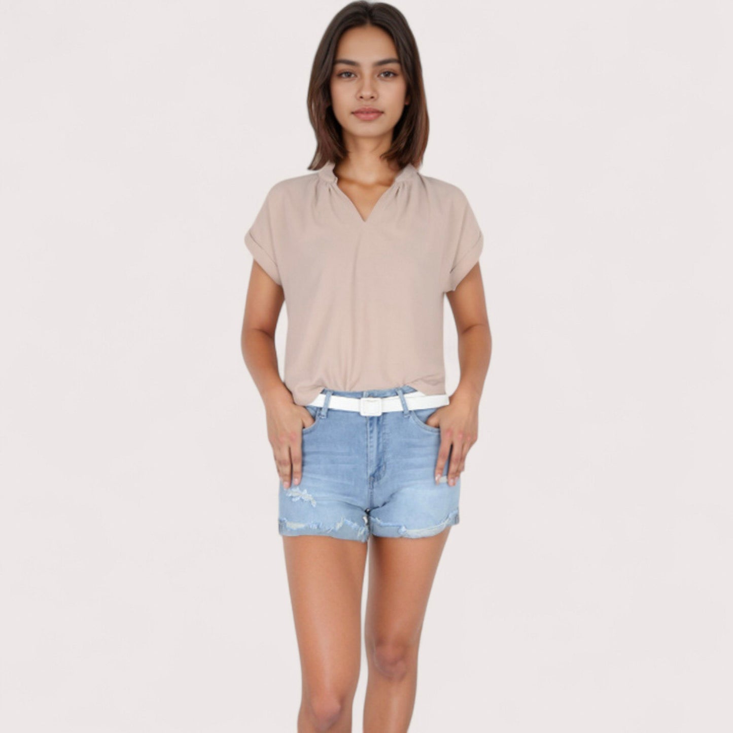 Women's V-Neck Short Sleeve Blouse with Rolled Cuffs and Soft Pleated Collar Detail - Small, Green