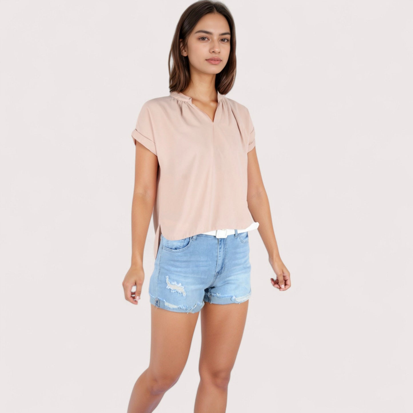 Women's V-Neck Short Sleeve Blouse with Rolled Cuffs and Soft Pleated Collar Detail - Small, Green