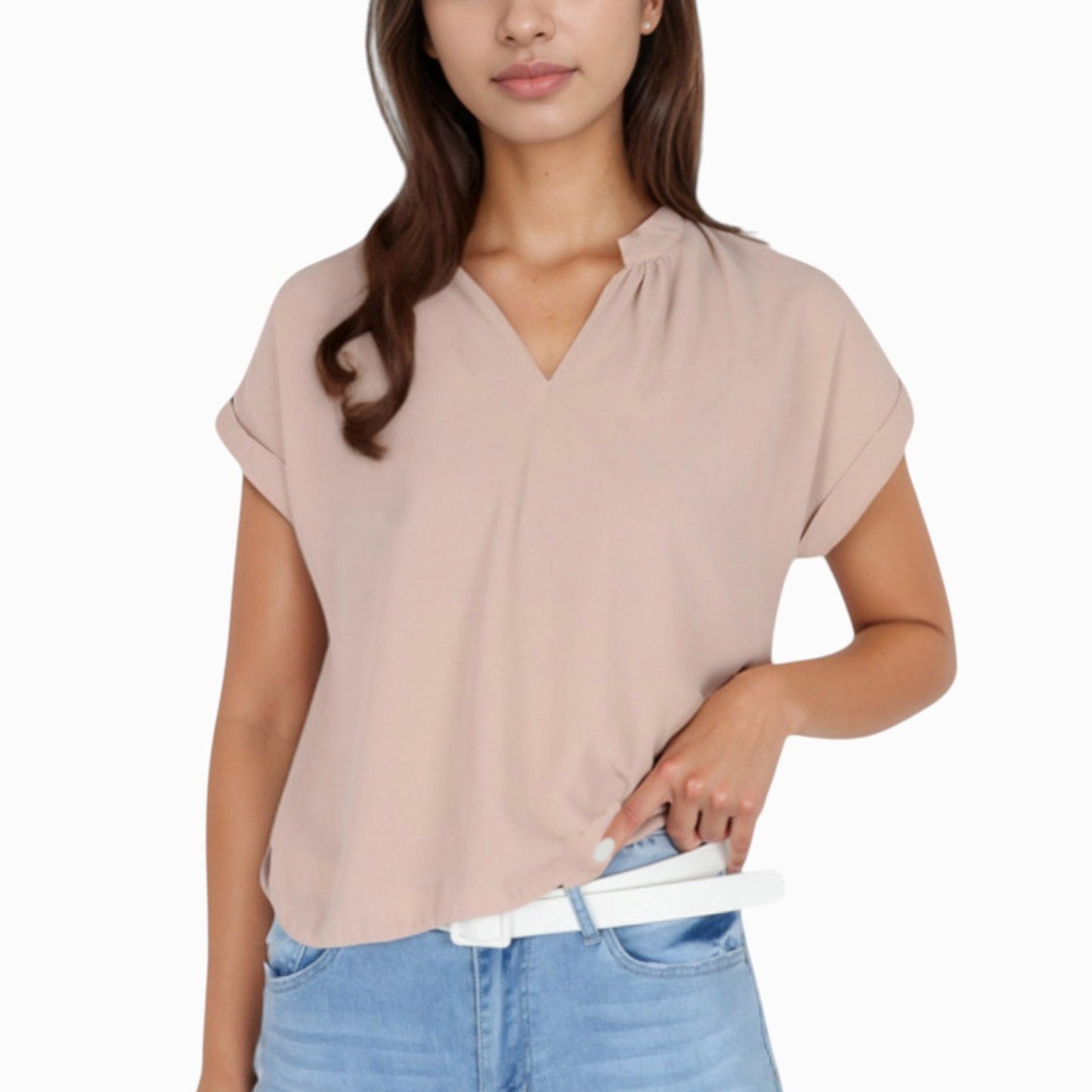 Women's V-Neck Short Sleeve Blouse with Rolled Cuffs and Soft Pleated Collar Detail - Small, Green