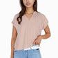 Women's V-Neck Short Sleeve Blouse with Rolled Cuffs and Soft Pleated Collar Detail - Small, Green