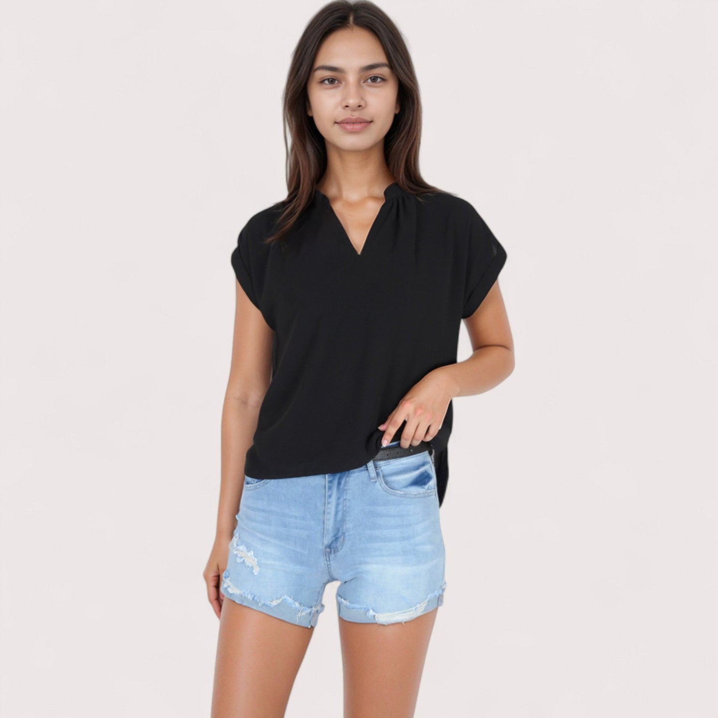 Women's V-Neck Short Sleeve Blouse with Rolled Cuffs and Soft Pleated Collar Detail - Small, Green