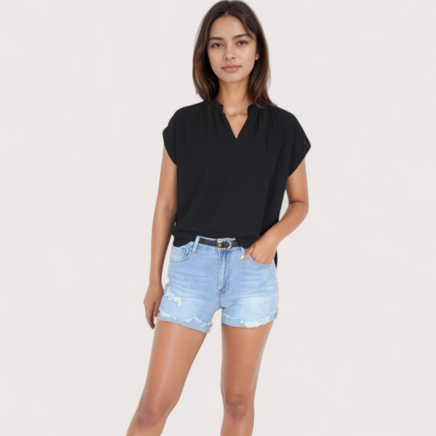 Women's V-Neck Short Sleeve Blouse with Rolled Cuffs and Soft Pleated Collar Detail - Small, Green