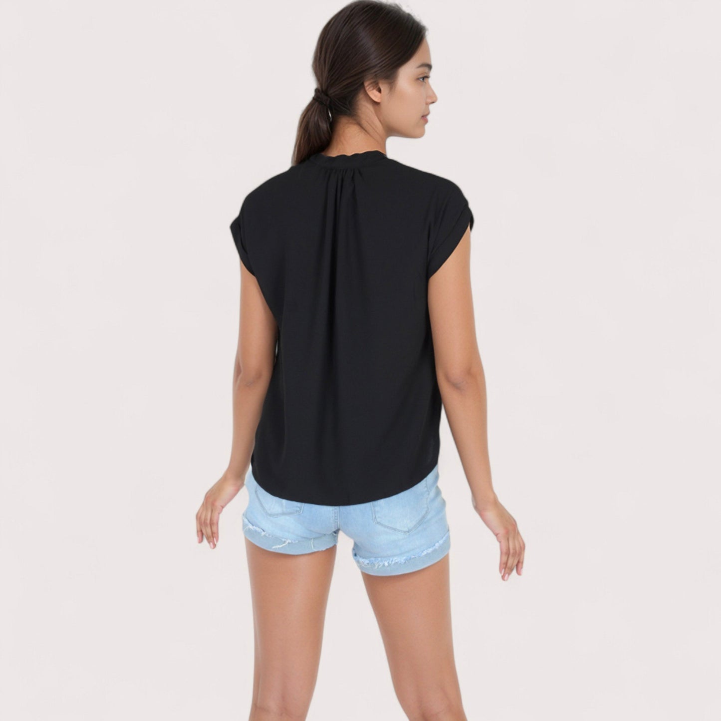 Women's V-Neck Short Sleeve Blouse with Rolled Cuffs and Soft Pleated Collar Detail - Small, Green