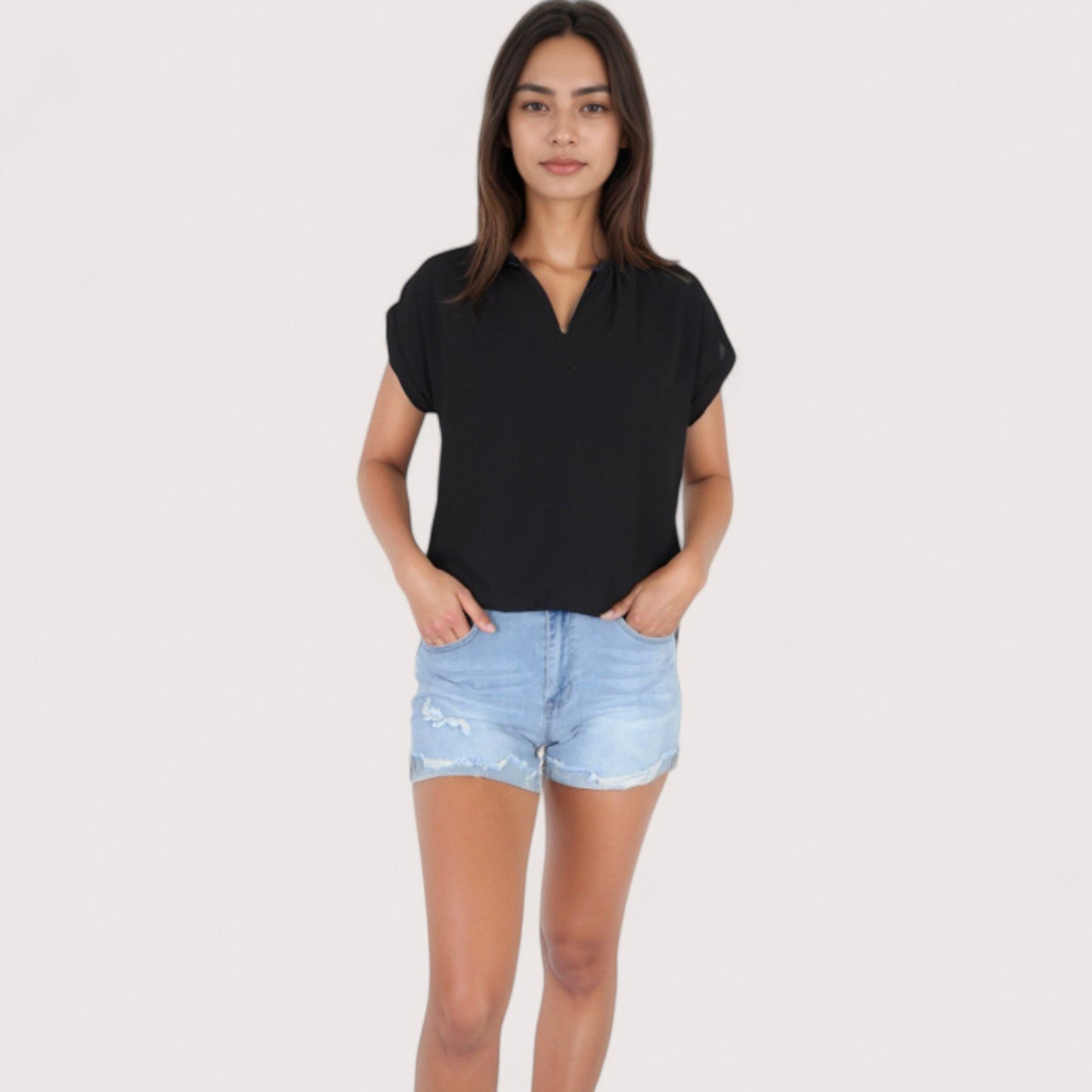 Women's V-Neck Short Sleeve Blouse with Rolled Cuffs and Soft Pleated Collar Detail - Small, Green