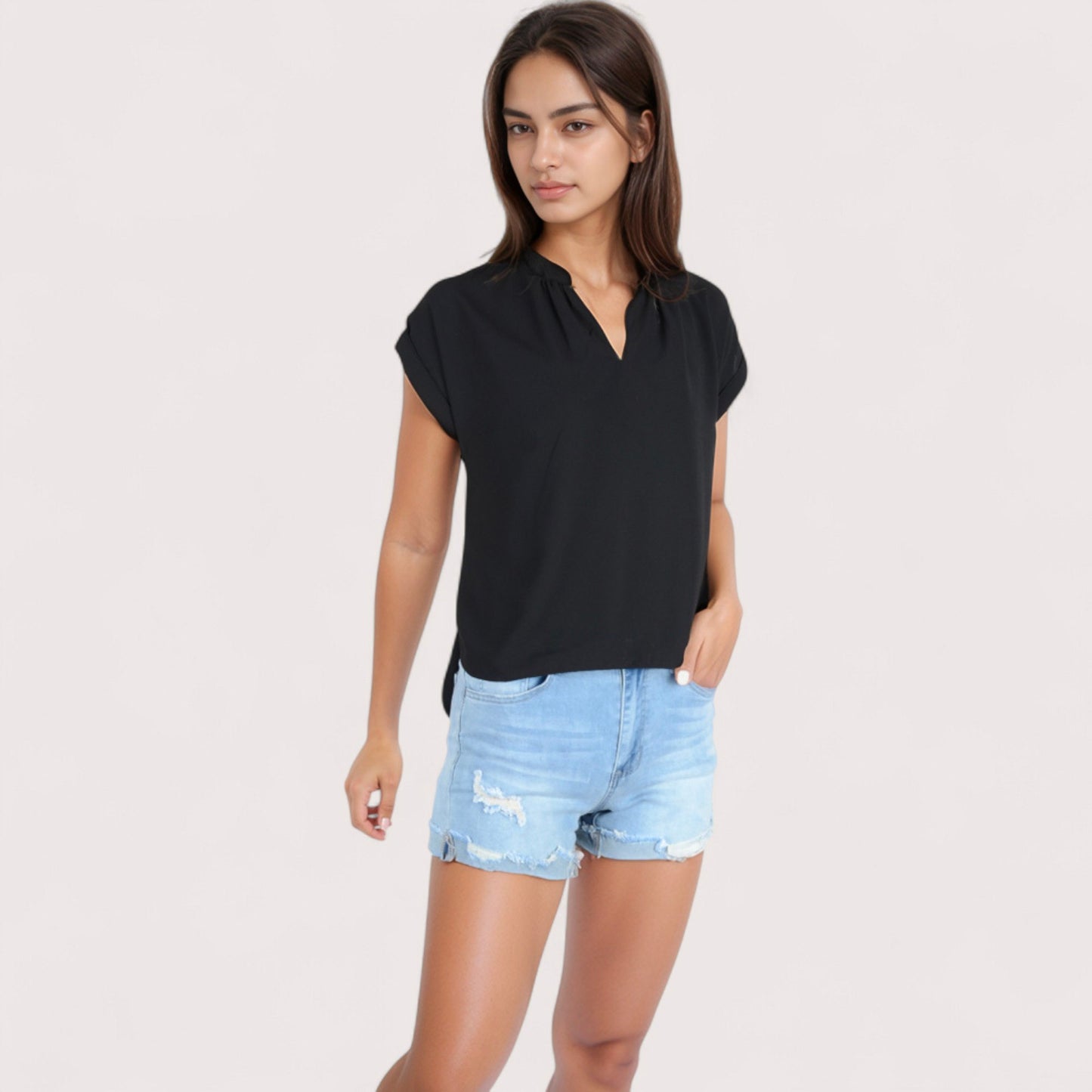 Women's V-Neck Short Sleeve Blouse with Rolled Cuffs and Soft Pleated Collar Detail - Small, Green