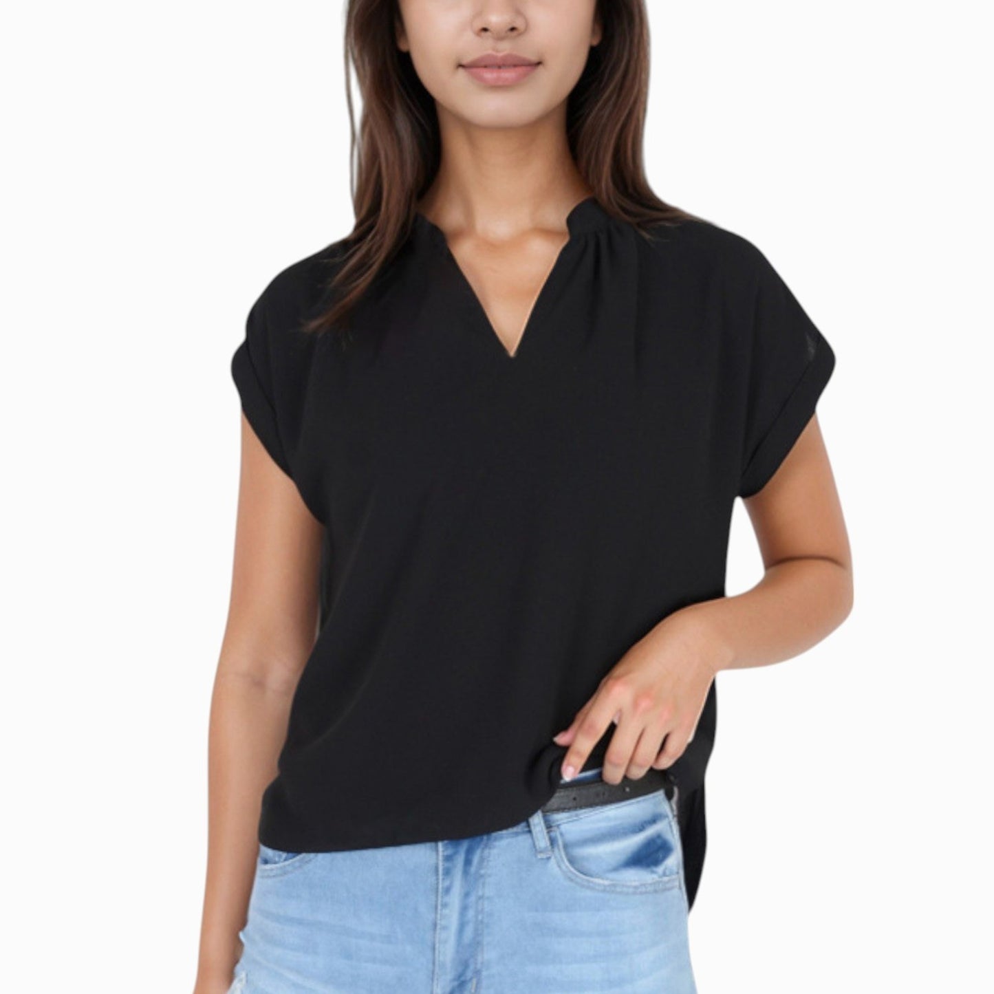 Women's V-Neck Short Sleeve Blouse with Rolled Cuffs and Soft Pleated Collar Detail - Small, Green