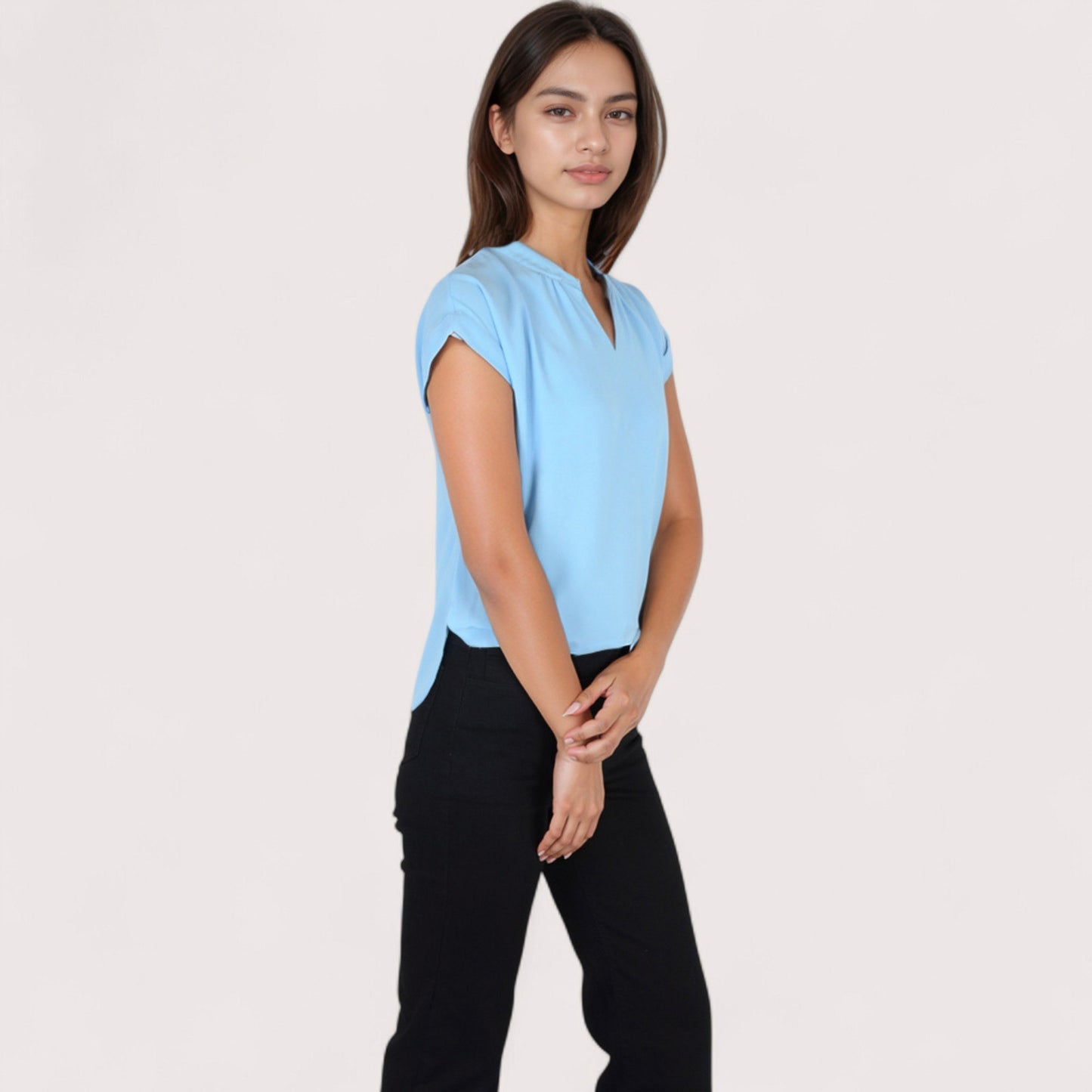 Women's V-Neck Short Sleeve Blouse with Rolled Cuffs and Soft Pleated Collar Detail - Small, Green