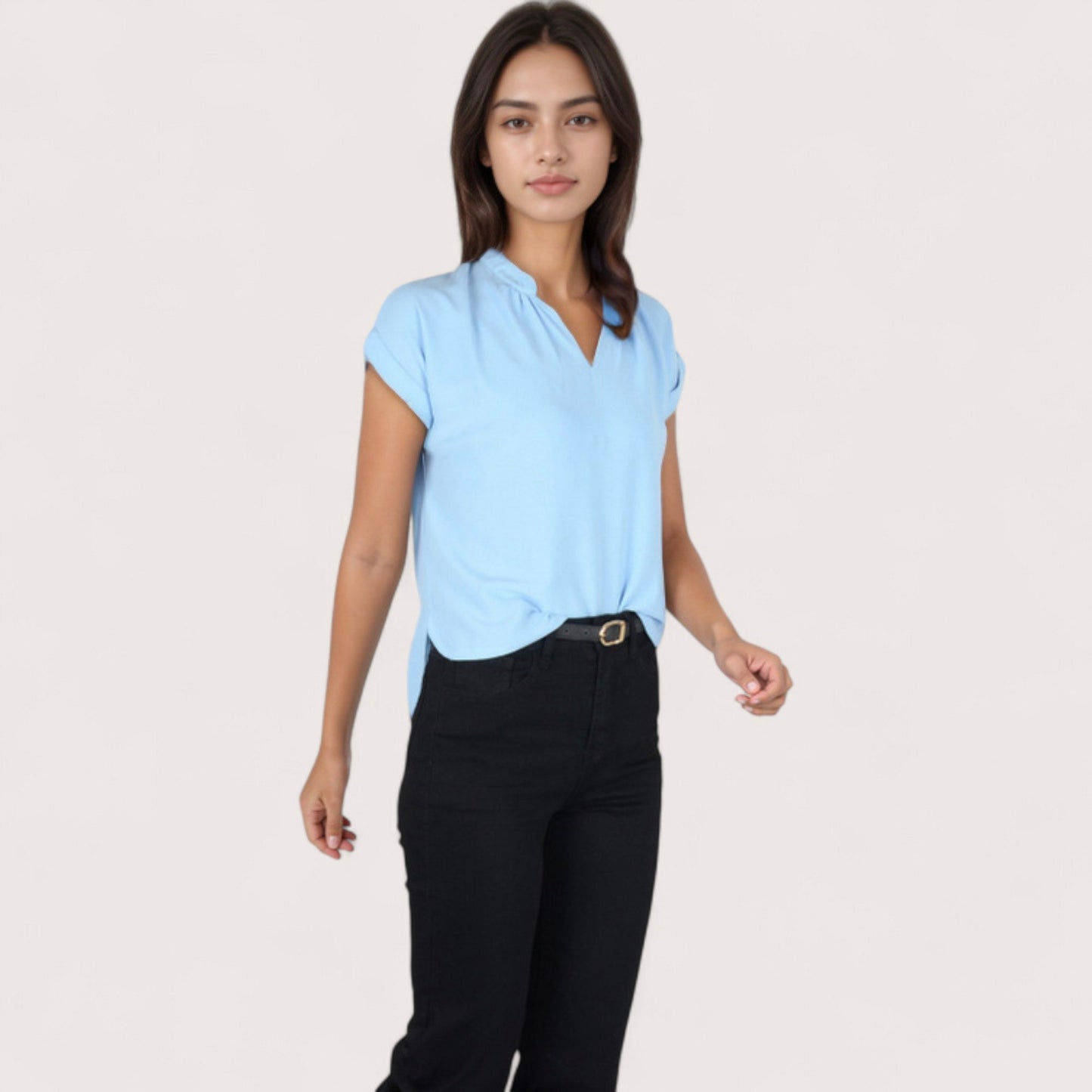 Women's V-Neck Short Sleeve Blouse with Rolled Cuffs and Soft Pleated Collar Detail - Small, Green