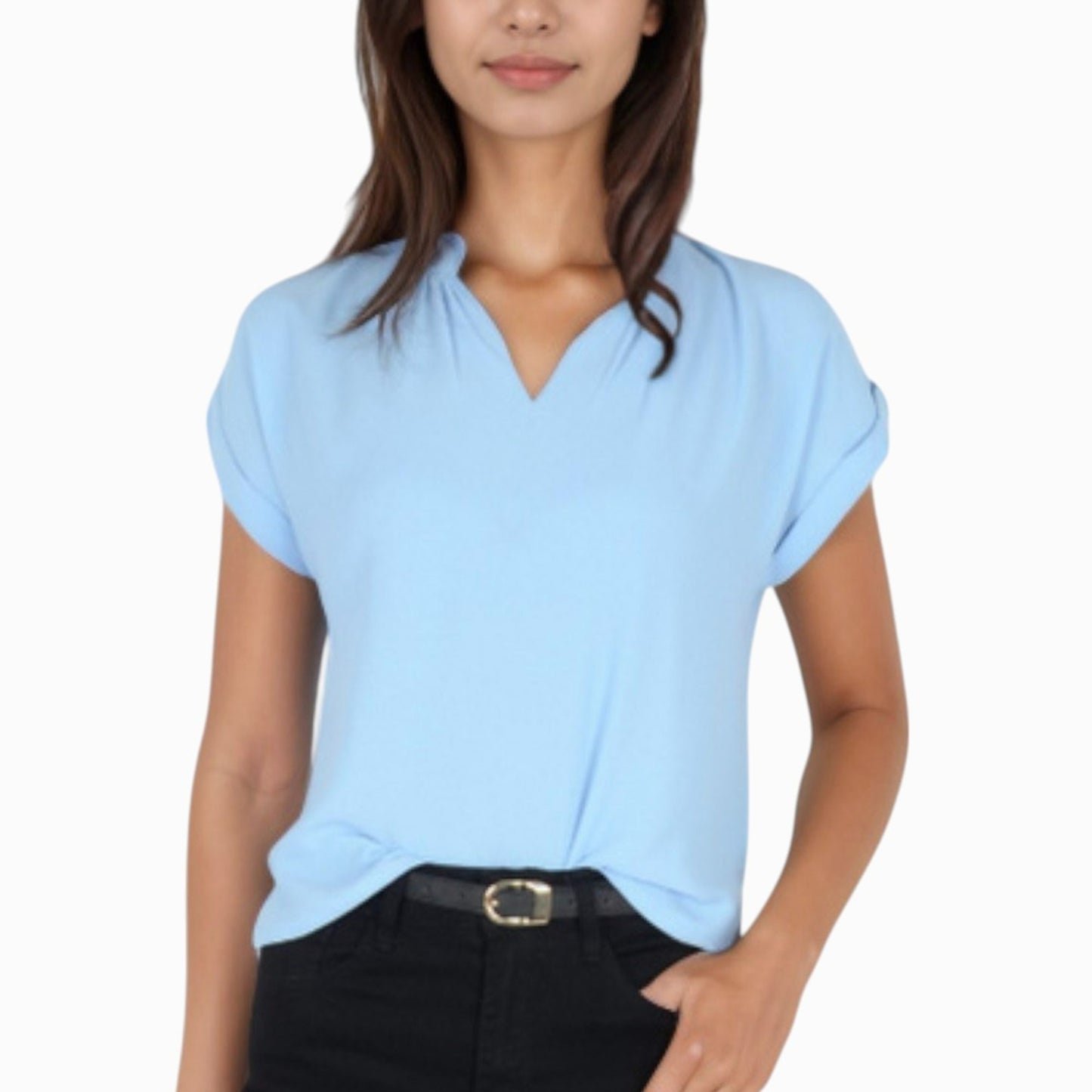 Women's V-Neck Short Sleeve Blouse with Rolled Cuffs and Soft Pleated Collar Detail - Small, Green