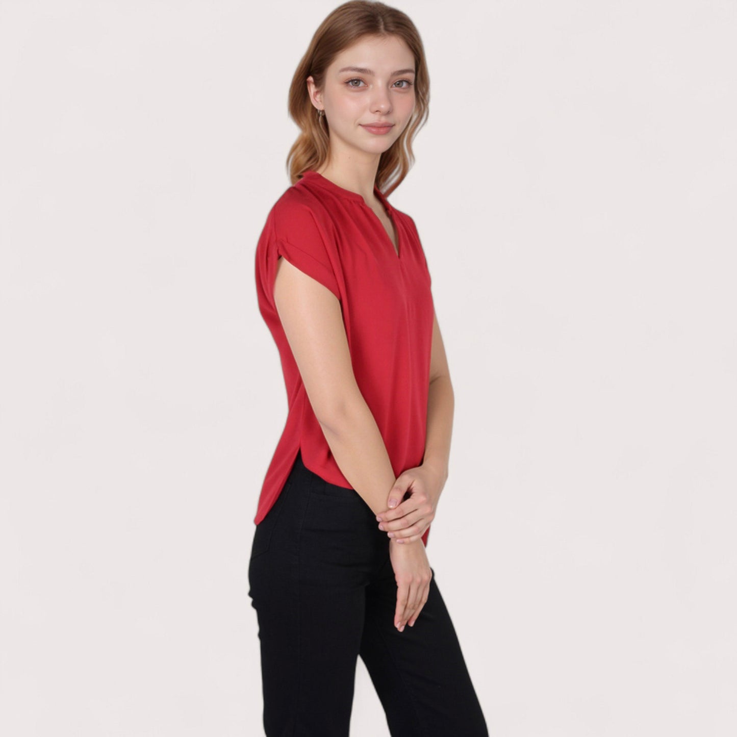 Women's V-Neck Short Sleeve Blouse with Rolled Cuffs and Soft Pleated Collar Detail - Small, Green