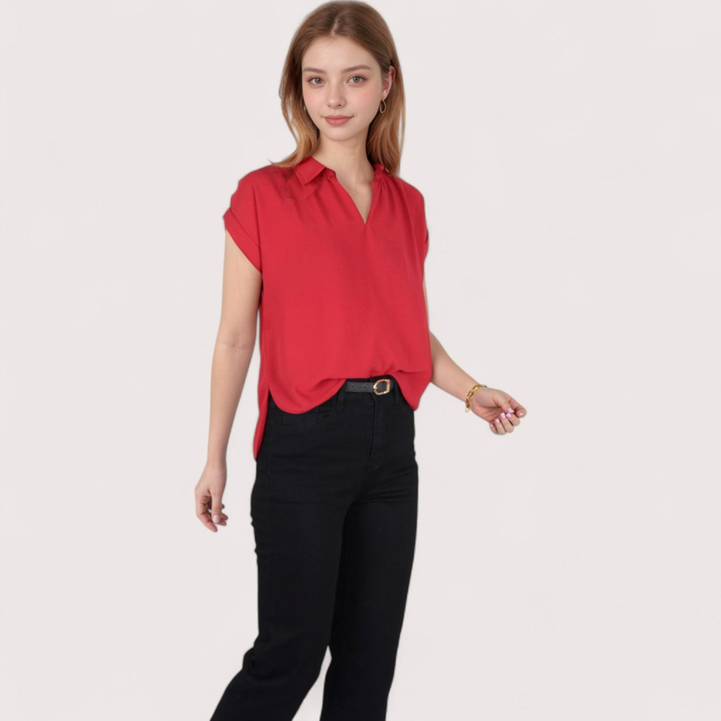 Women's V-Neck Short Sleeve Blouse with Rolled Cuffs and Soft Pleated Collar Detail - Small, Green