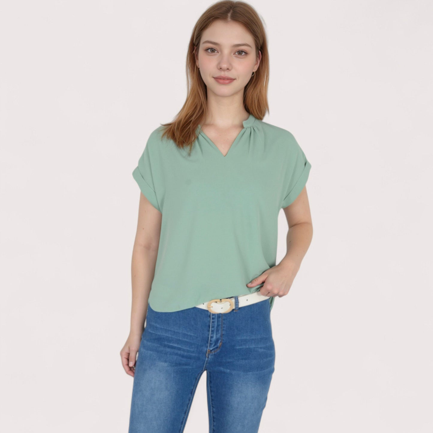 Women's V-Neck Short Sleeve Blouse with Rolled Cuffs and Soft Pleated Collar Detail - Small, Green