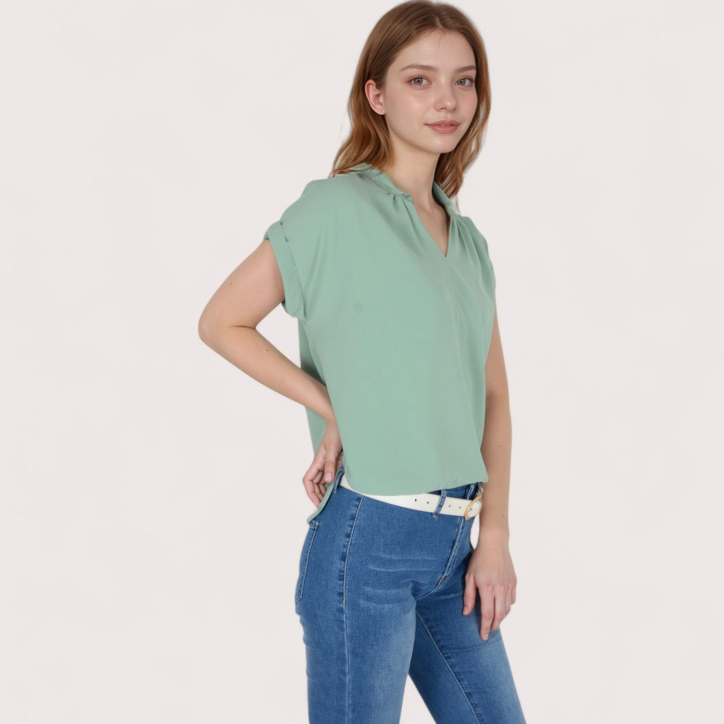 Women's V-Neck Short Sleeve Blouse with Rolled Cuffs and Soft Pleated Collar Detail - Small, Green