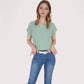 Women's V-Neck Short Sleeve Blouse with Rolled Cuffs and Soft Pleated Collar Detail - Small, Green