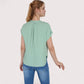 Women's V-Neck Short Sleeve Blouse with Rolled Cuffs and Soft Pleated Collar Detail - Small, Green