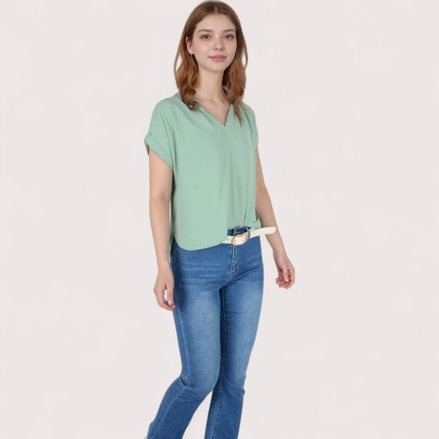 Women's V-Neck Short Sleeve Blouse with Rolled Cuffs and Soft Pleated Collar Detail - Small, Green