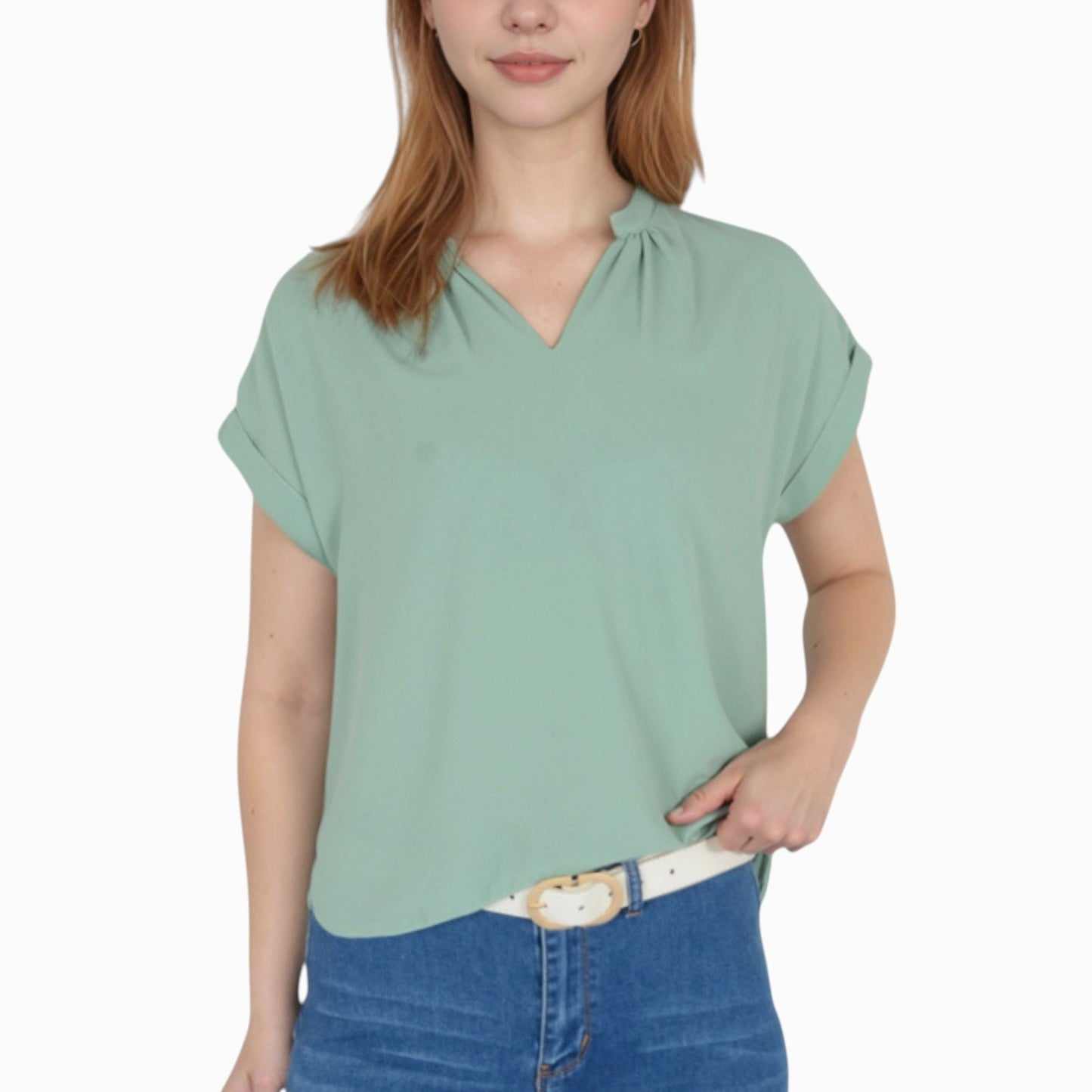 Women's V-Neck Short Sleeve Blouse with Rolled Cuffs and Soft Pleated Collar Detail - Small, Green