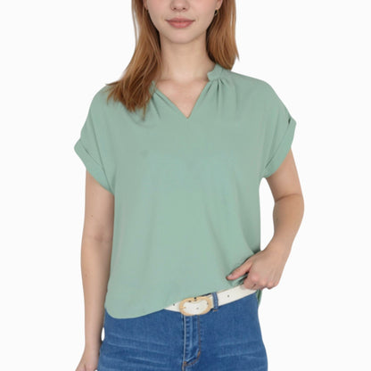 Women's V-Neck Short Sleeve Blouse with Rolled Cuffs and Soft Pleated Collar Detail - Small, Green