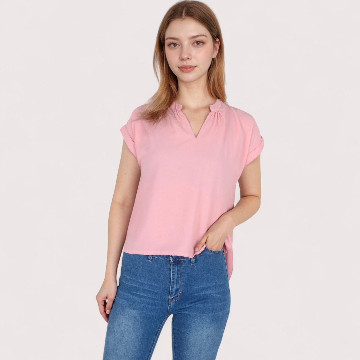 Women's V-Neck Short Sleeve Blouse with Rolled Cuffs and Soft Pleated Collar Detail - Small, Green