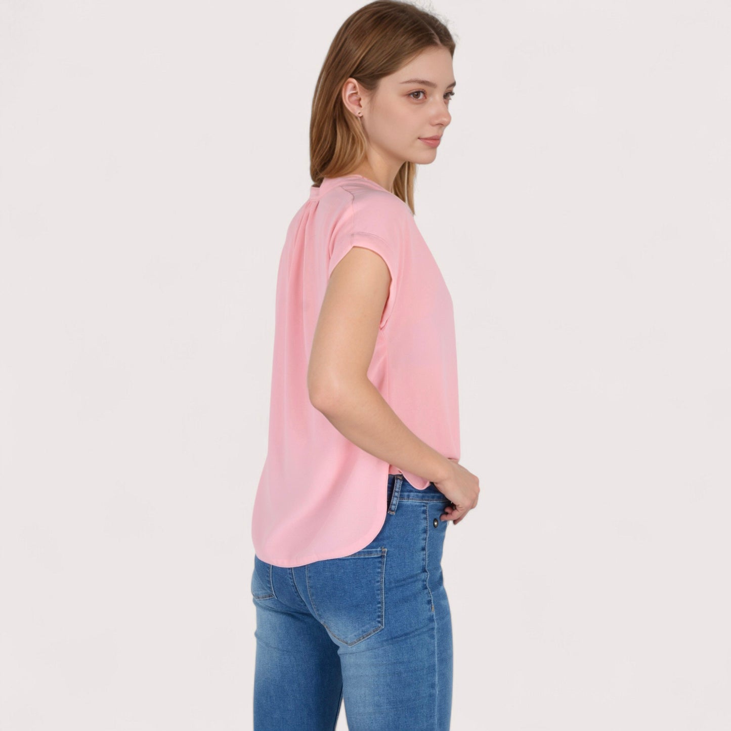 Women's V-Neck Short Sleeve Blouse with Rolled Cuffs and Soft Pleated Collar Detail - Small, Green